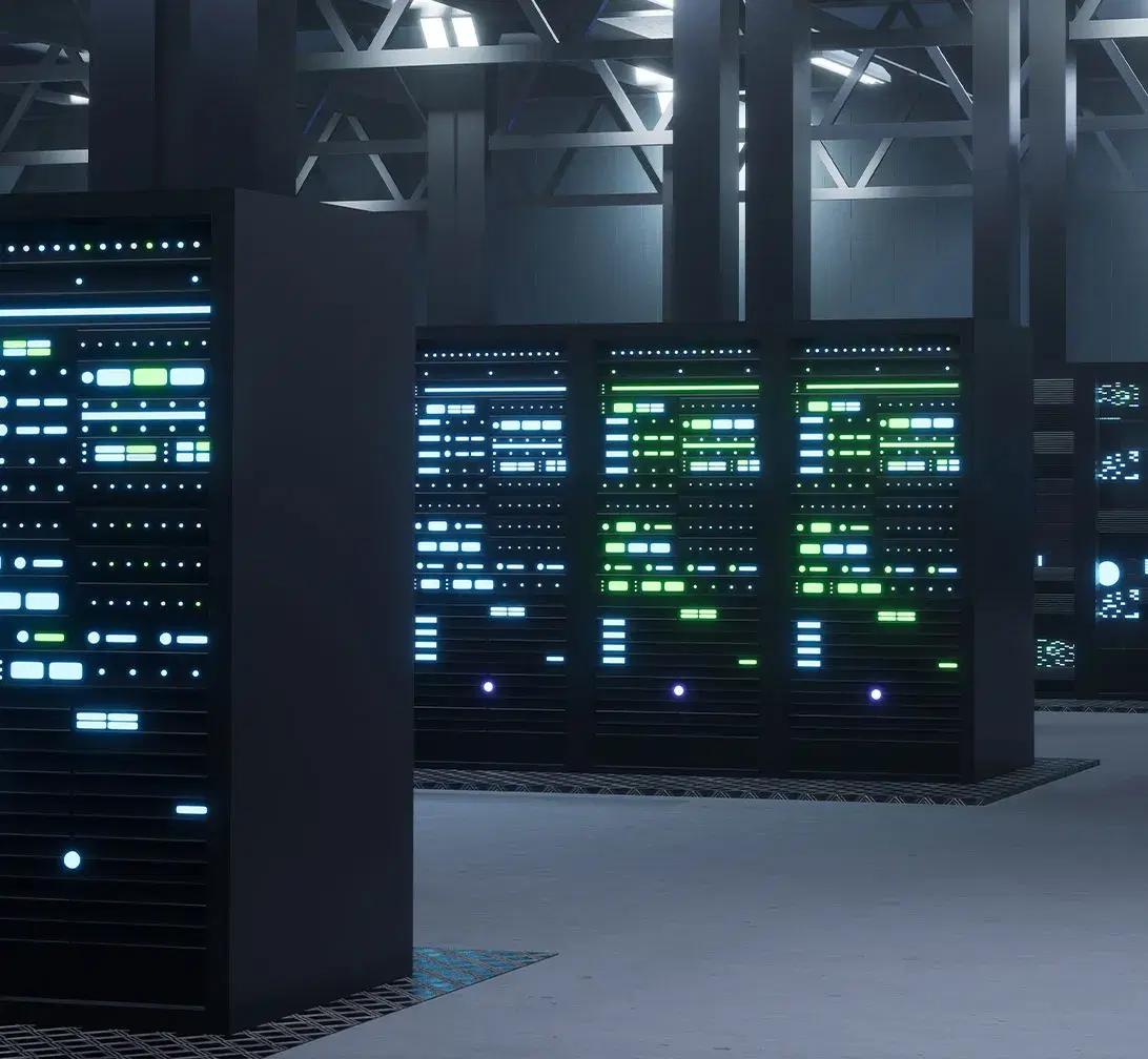 Pasillo de un data center con racks de servidores iluminados