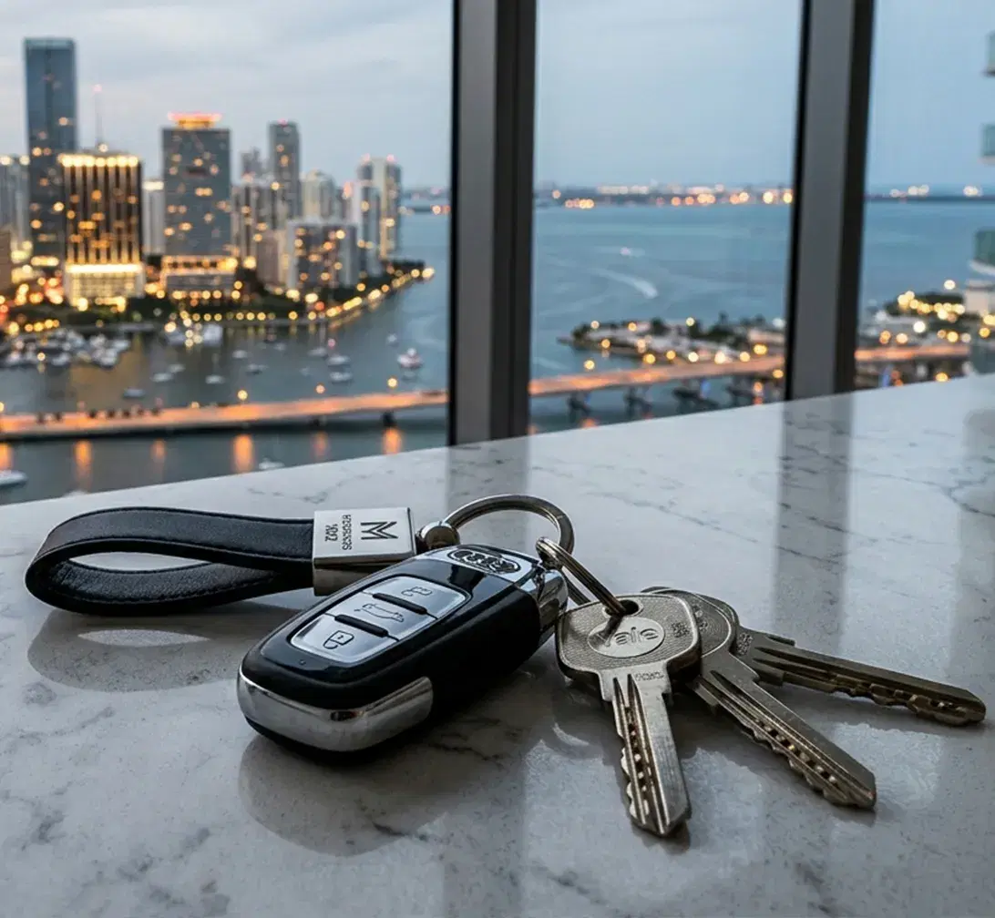 Llaves de una casa sobre una encimera de mármol con vista a la bahía de Miami al anochecer