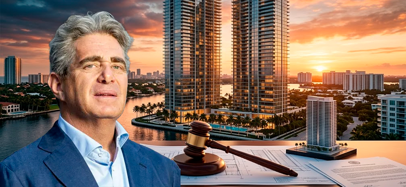 Renderizado de las dos torres residenciales de Turnberry Isle en Aventura, Florida, con un mazo de juez y planos arquitectónicos en primer plano, simbolizando la demanda legal contra el desarrollador Jeffrey Soffer.