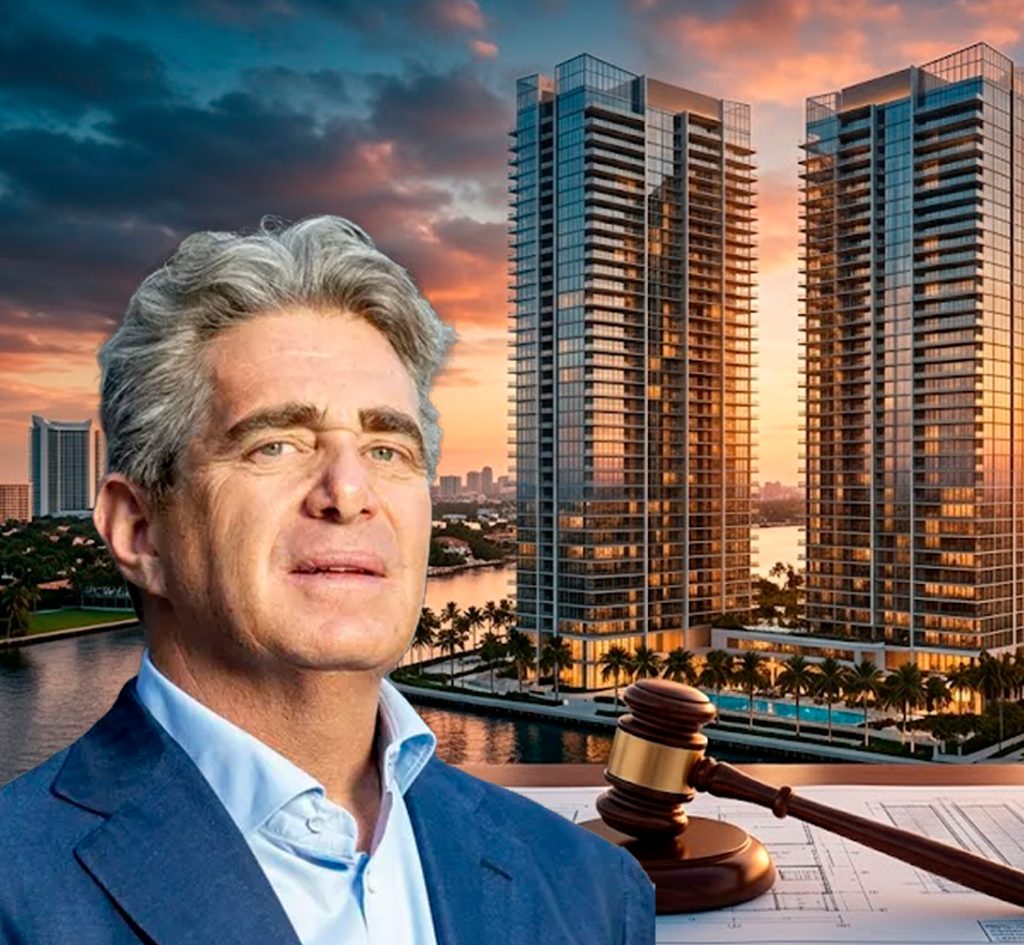Renderizado de las dos torres residenciales de Turnberry Isle en Aventura, Florida, con un mazo de juez y planos arquitectónicos en primer plano, simbolizando la demanda legal contra el desarrollador Jeffrey Soffer.